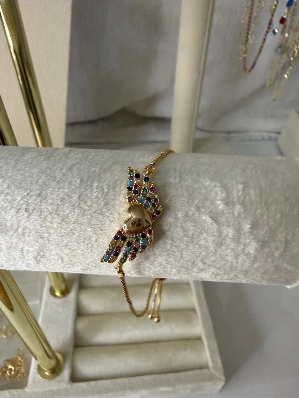 Gold Multi Colored Heart and Wing Adjustable Bracelet